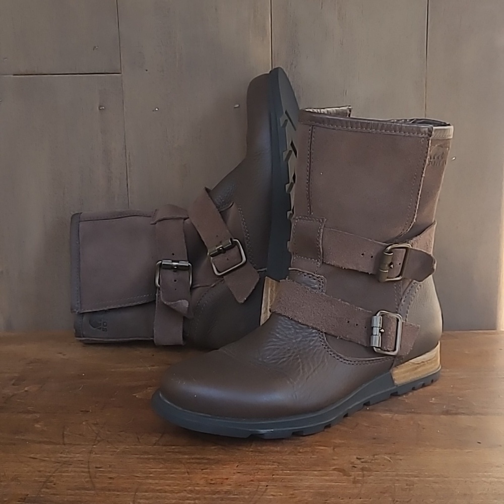 Sorel Boots Women's sz 6.5 Major Moto Brown Leather Flannel Lined Boot
